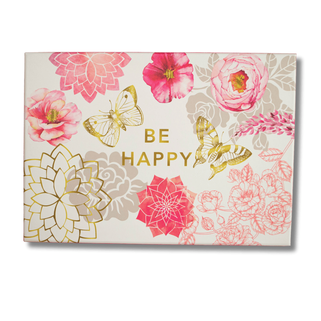 Gėlėtas College dėžutės dangtis su auksiniu užrašu Be Happy ir bičių piešiniais