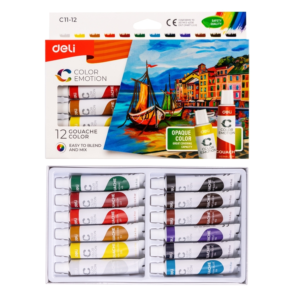 Deli Color Emotion guašo pakuotė su uosto piešiniu ir po ja atvertas dėklas, kuriame dviem stulpeliais sudėta 12 tūbelių