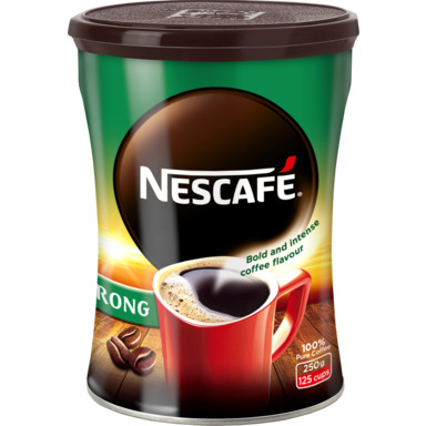 Žalia NESCAFÉ Strong tirpios kavos skardinė rudu dangteliu, raudonu puodeliu ir kavos pupelėmis