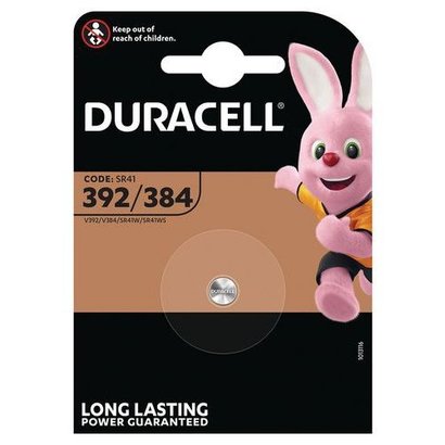 Juoda ir vario spalvų Duracell 392/384 pakuotė su viena sidabrine monetine baterija ir rausvu zuikiu