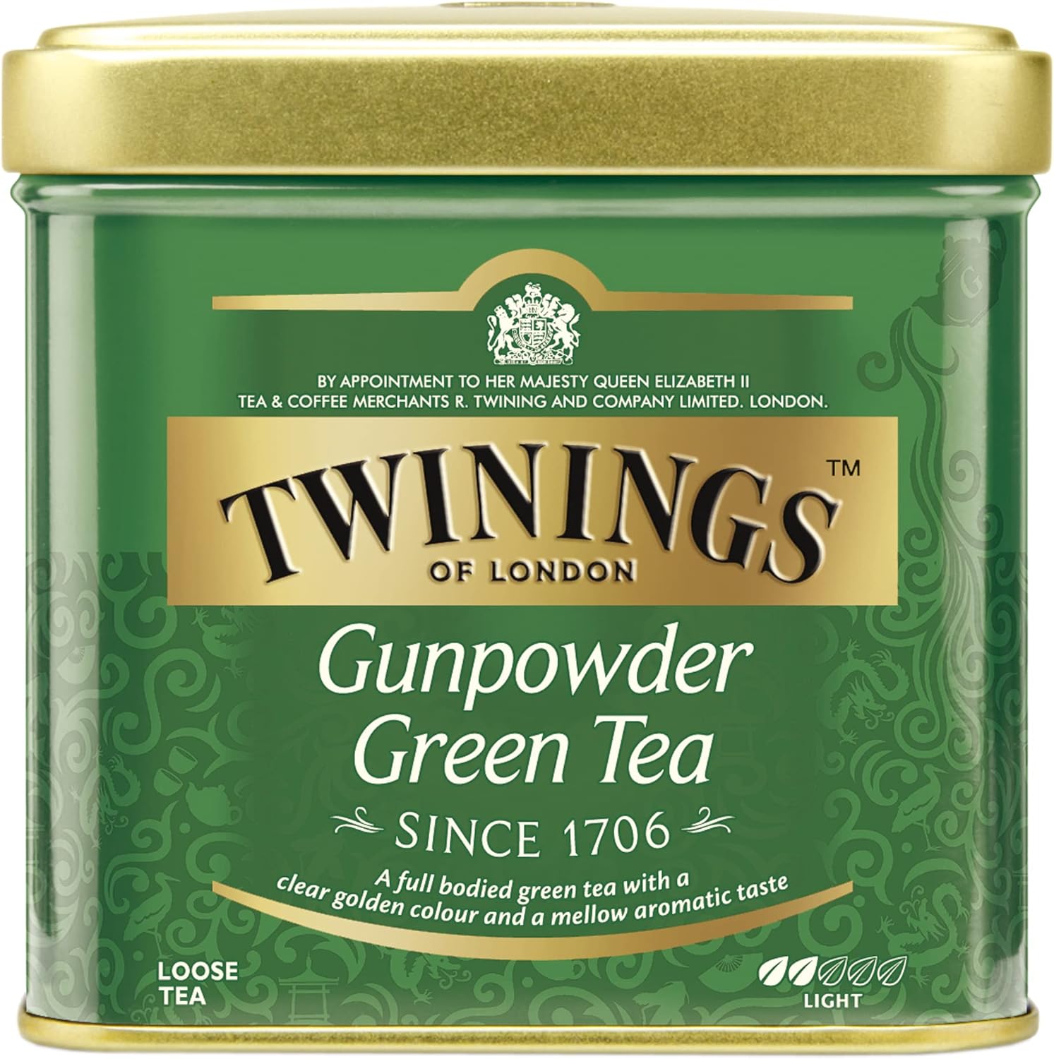 Žalia Twinings Gunpowder Green Tea skardinė dėžutė su auksiniu dangteliu, logotipo etikete ir lapelių simboliu