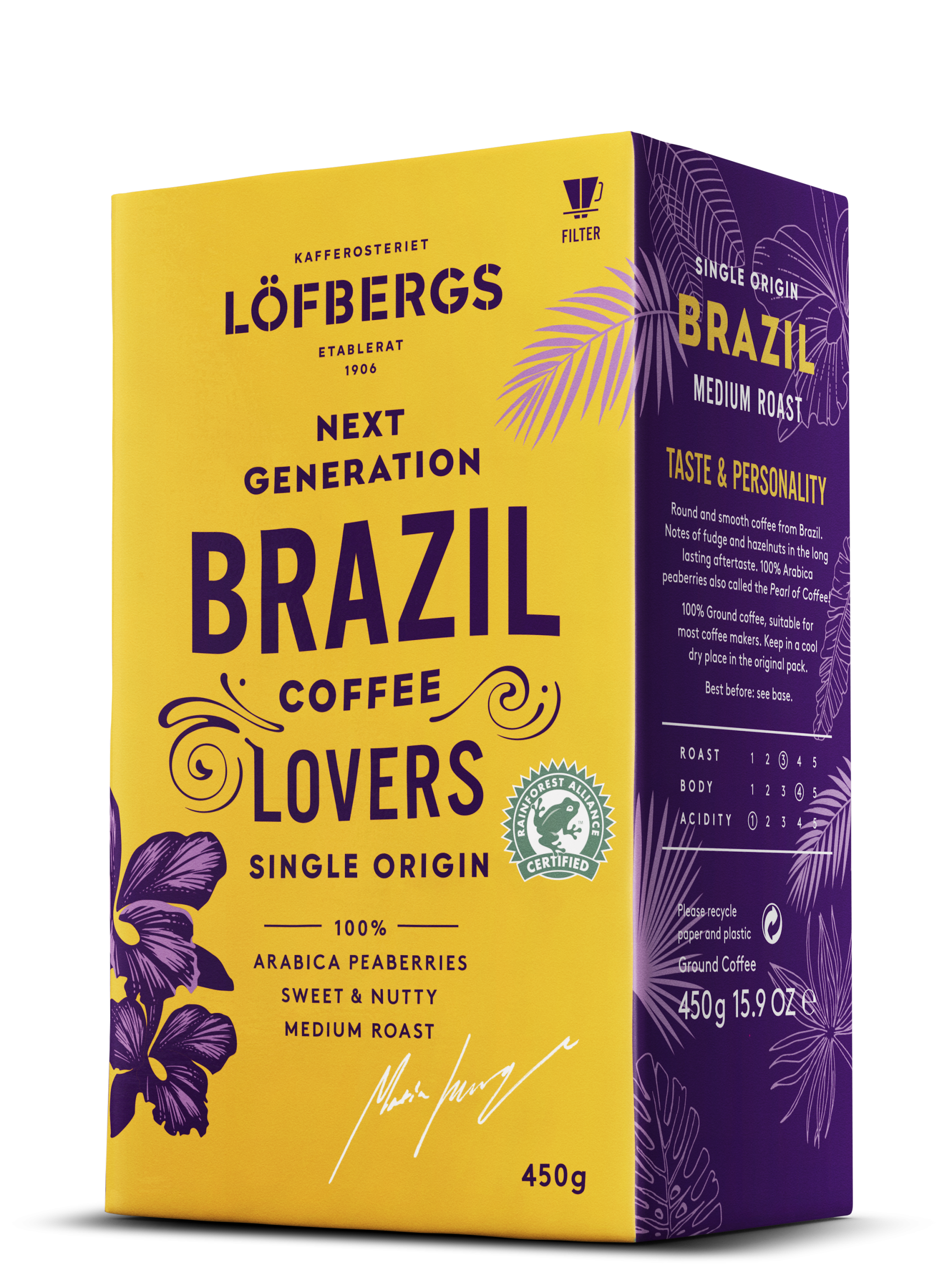 Geltona violetinė Löfbergs Brazil kavos dėžutė su gėlių grafika ir Rainforest Alliance ženklu