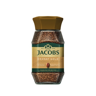 Stiklinis 200 g Jacobs Cronat Gold kavos indelis su rudomis granulėmis ir tamsiu dangteliu