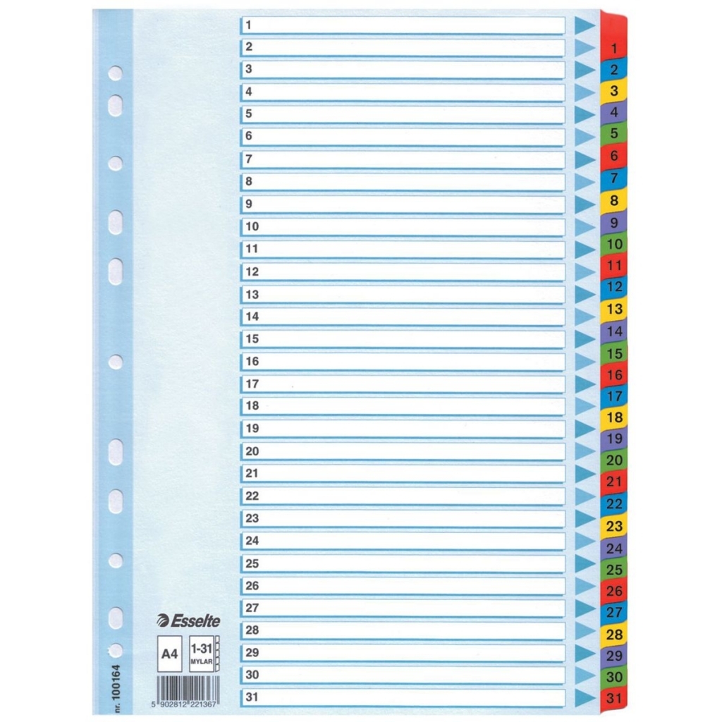 Esselte MYLAR A4 kartoniniai skirtukai nuo 1 iki 31 su spalvotomis šoninėmis kortelėmis