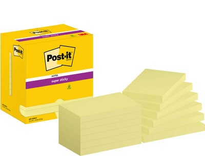 Geltona Post-it Super Sticky dėžutė ir dvi šviesiai geltonų stačiakampių lipnių lapelių krūvelės