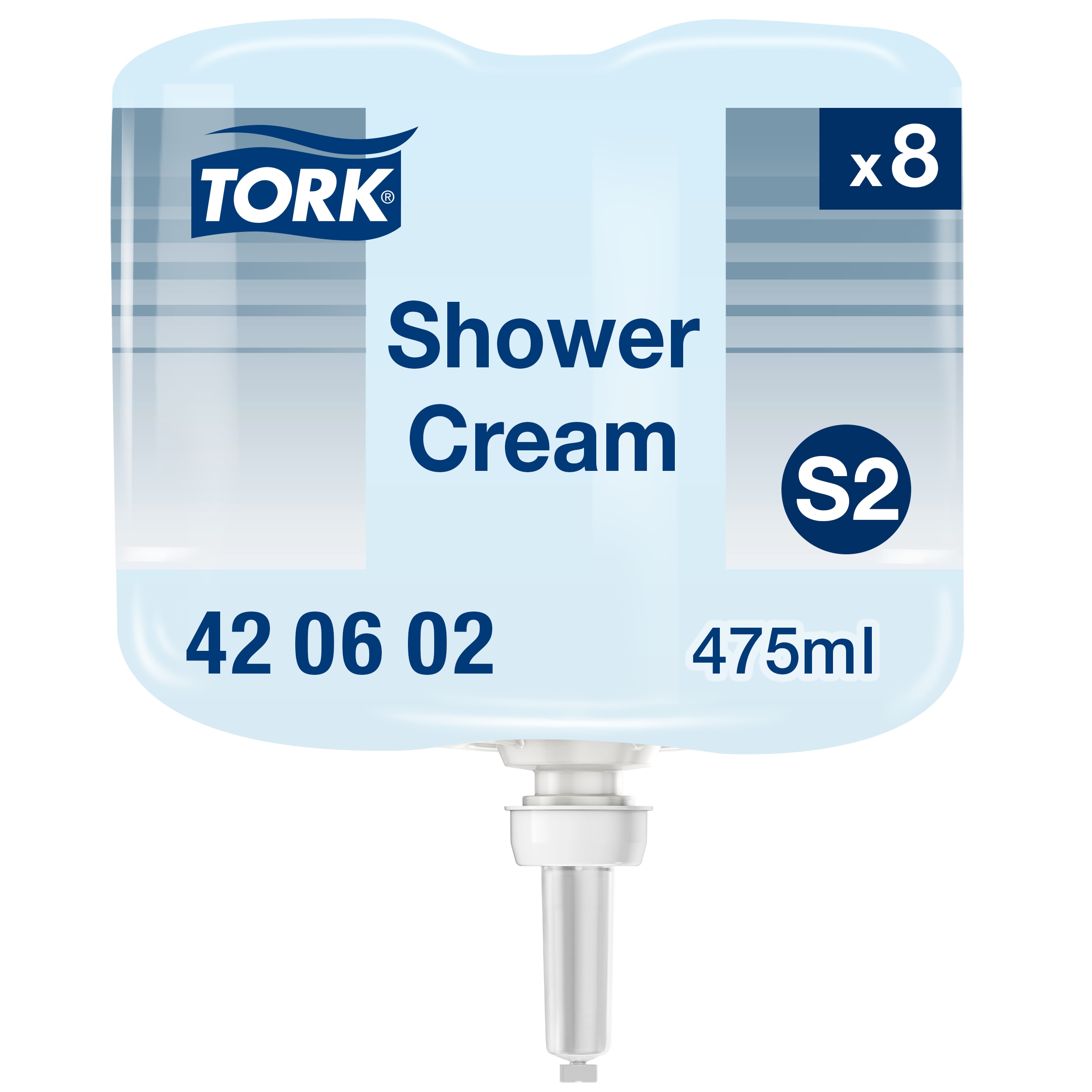 Šviesiai mėlyna Tork Shower Cream S2 475 ml kasetė su baltu dozavimo antgaliu ir 420602 žyma