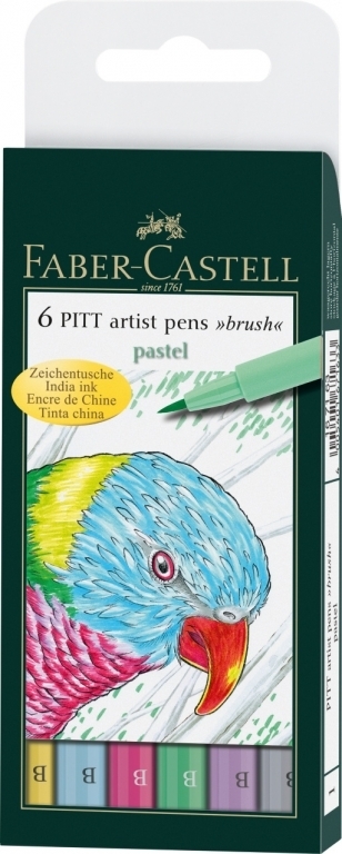 Žalia Faber-Castell PITT pastelinių rašiklių pakuotė su mėlynai rožinės papūgos piešiniu ir šešiais atspalviais