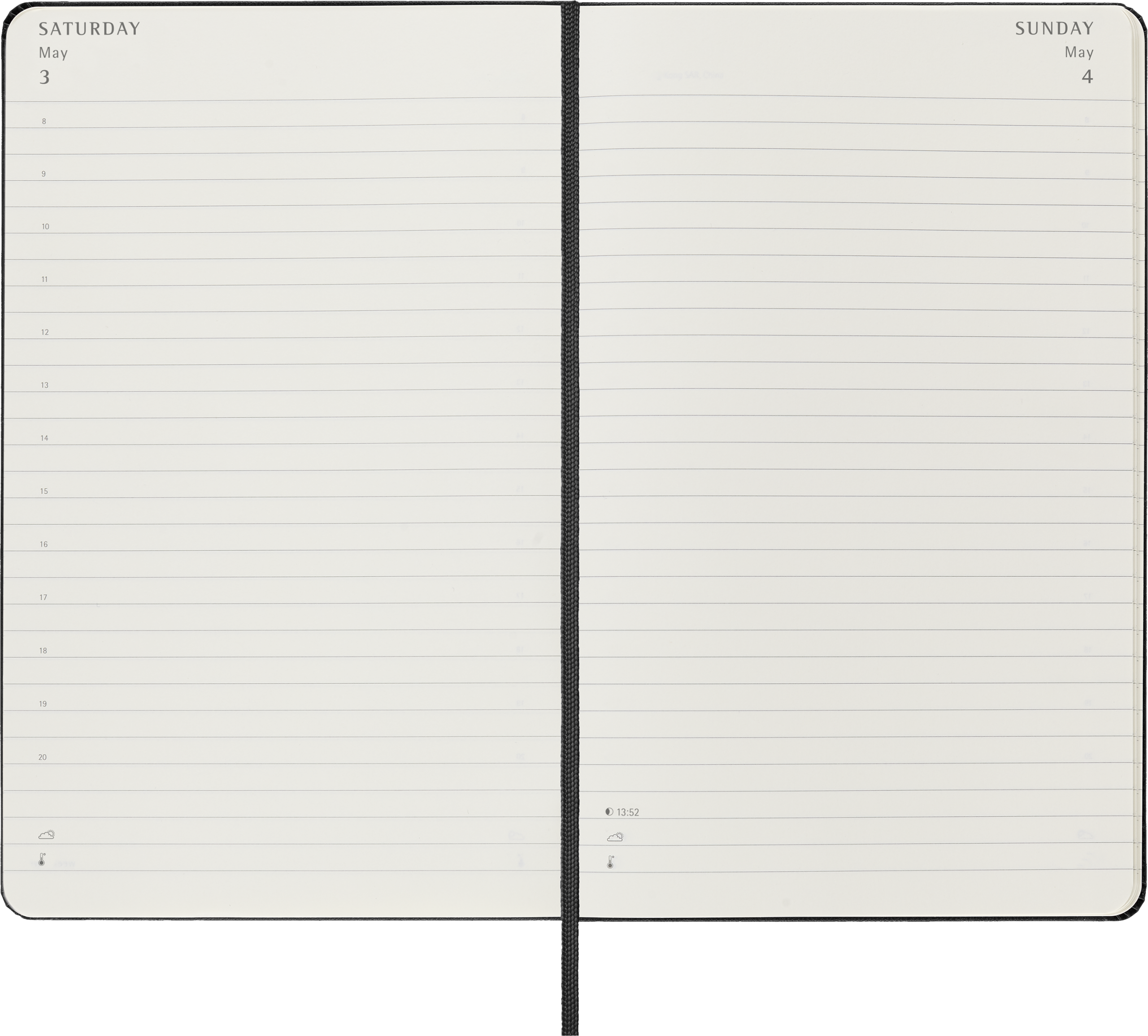 Atverstas Moleskine 2025 planuoklis su Saturday May 3 ir Sunday May 4, valandų eilutėmis, oro piktogramomis ir juodu skirtuku