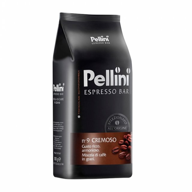 Juodas Pellini Espresso Bar n° 9 Cremoso kavos pupelių maišelis su rusva etikete ir pupelių vaizdu