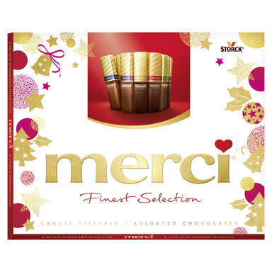 Balta Merci Finest Selection saldainių dėžutė su auksiniu užrašu, širdžių ir žvaigždžių raštu bei matomais batonėliais