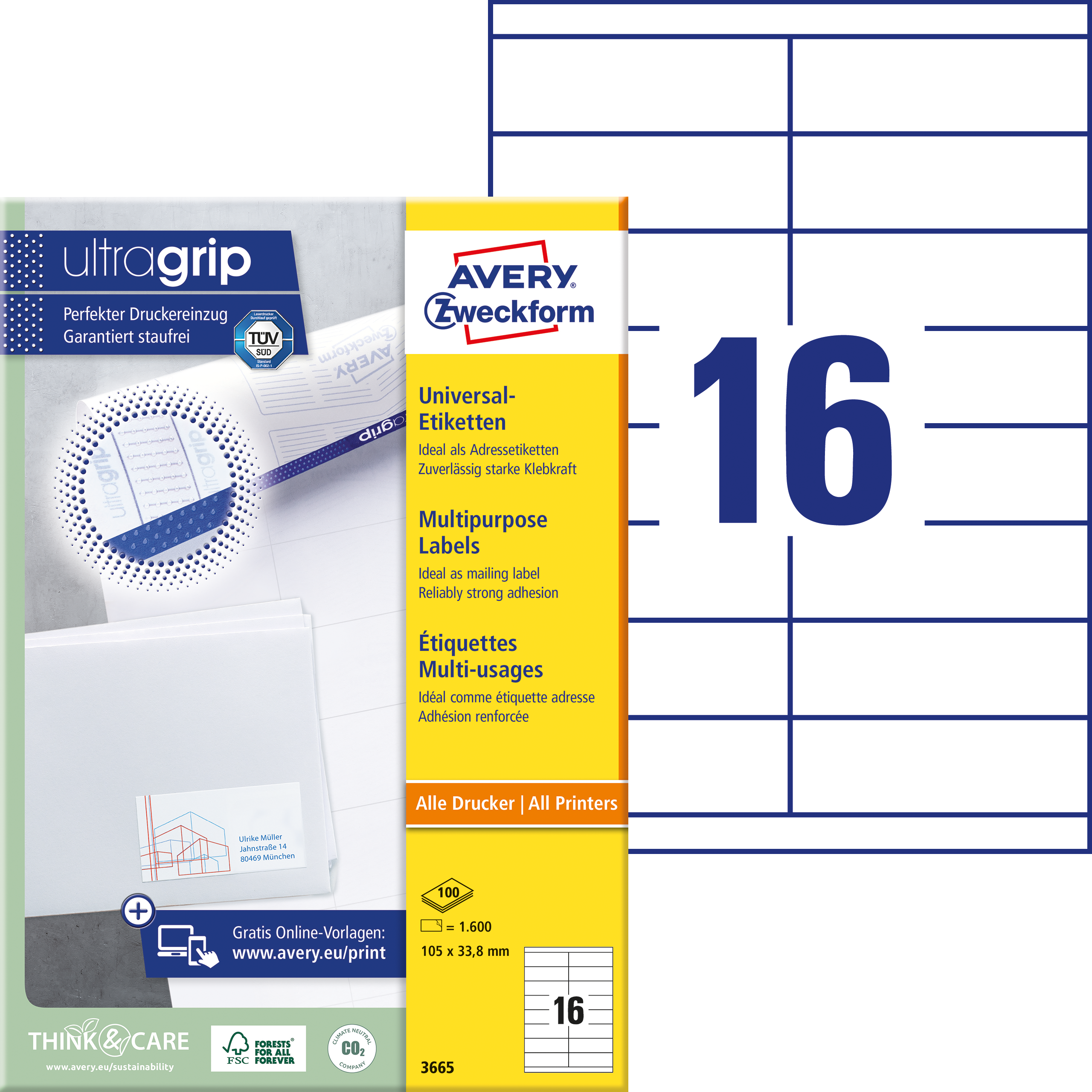 Avery Zweckform UltraGrip baltų A4 etikečių pakuotė šalia lapo brėžinio su 16 etikečių po 105 × 33,8 mm
