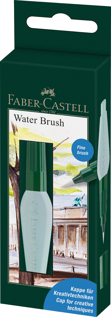 Kampu parodyta žalia Faber-Castell Water Brush dėžutė su Fine brush žyma, rezervuaro langu ir šonine teptuko schema