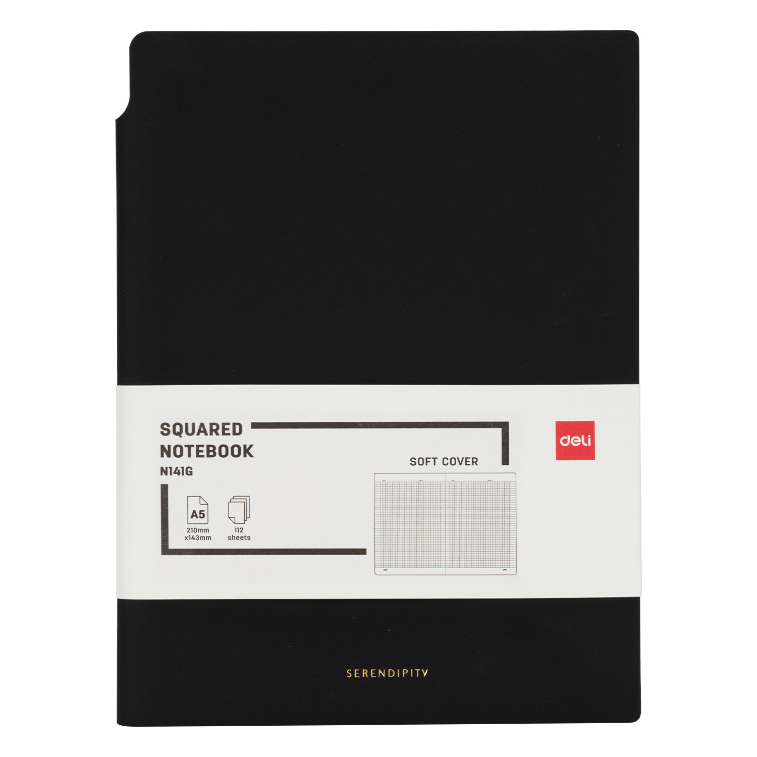 Juoda Deli N141G A5 užrašų knygelė su balta Squared Notebook 112 sheets etikete ir aukso spalvos Serendipity įspaudu