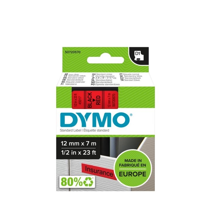 Dymo D1 pakuotė su Black Red žymomis, 12 mm x 7 m matmenimis, raudona Insurance etikete ir Made in Europe ženklu