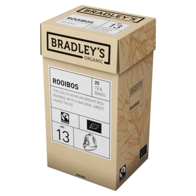 Aukšta Bradley’s Organic Rooibos arbatos dėžutė su 25 Tea Bags, No. 13, Fairtrade ir ekologinėmis žymomis bei augaliniu raštu