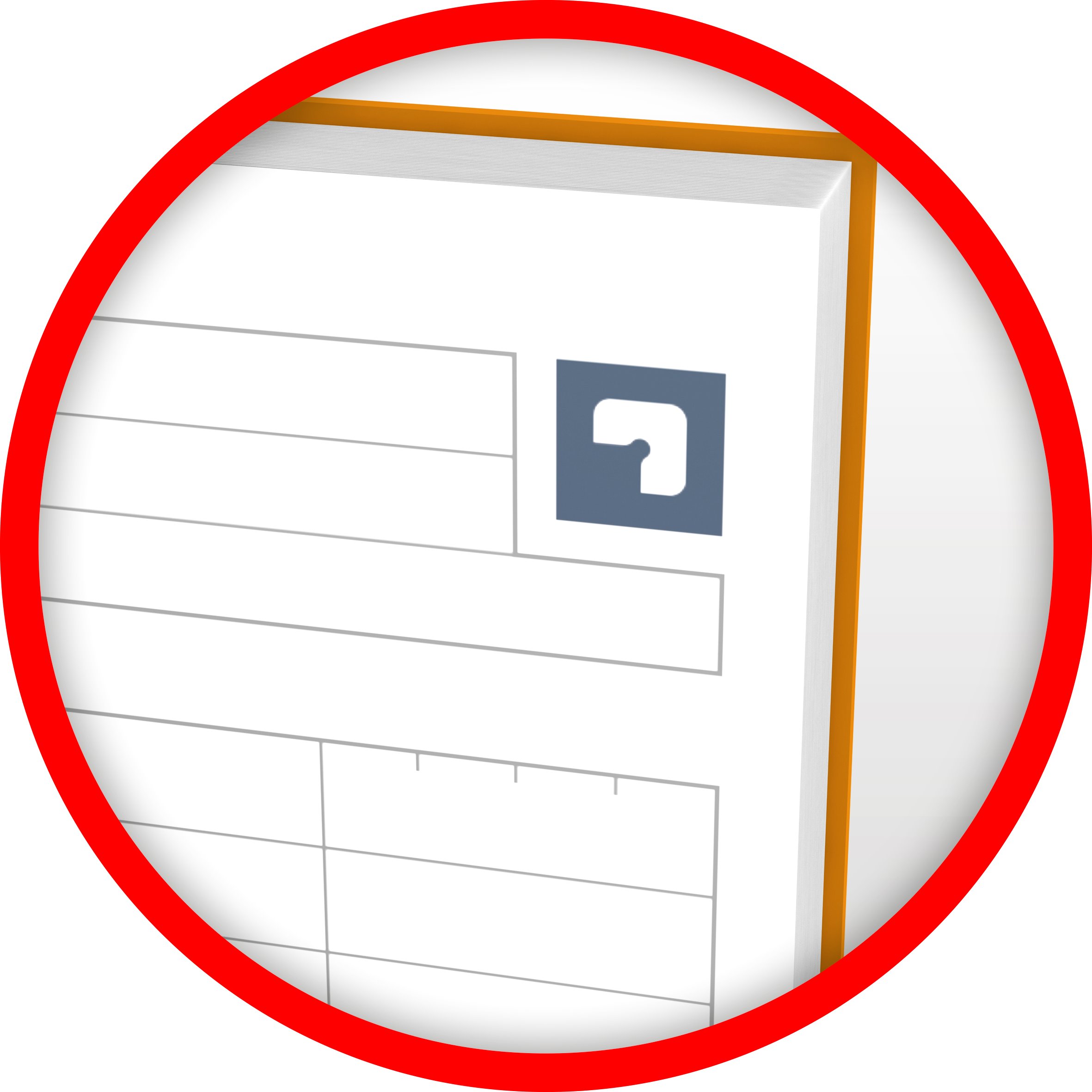 Raudonai apibrėžtas Oxford Activebook puslapio kampas su mėlyna Scribzee piktograma, linijomis ir oranžiniu viršeliu