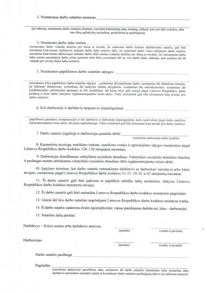 Lietuviško darbo sutarties blanko antroji pusė su 3–15 numeruotomis sąlygomis, parašų ir sutarties pabaigos laukais