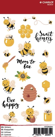 Charlot lipdukų lapas su bitėmis, koriu, aviliu, medaus stiklainiu ir užrašais Sweet honey, Mom to bee, Bee happy