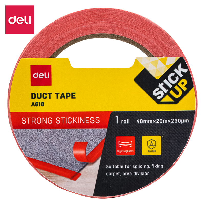 Raudonos Deli A618 tekstilinės lipnios juostos ritinys su geltona STICK UP etikete ir 48 mm × 20 m matmenų žyma