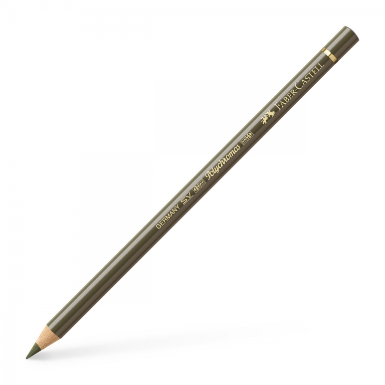 Įstrižai padėtas rusvai alyvuogių Faber-Castell Polychromos spalvotas pieštukas su auksiniais užrašais ir numeriu 173