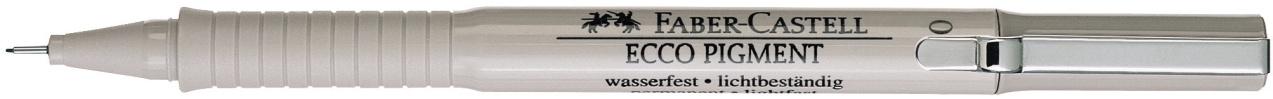 Faber-Castell Ecco Pigment 0,1 mm rašiklis horizontaliai su atidengtu plonu galiuku ir sidabriniu dangteliu gale