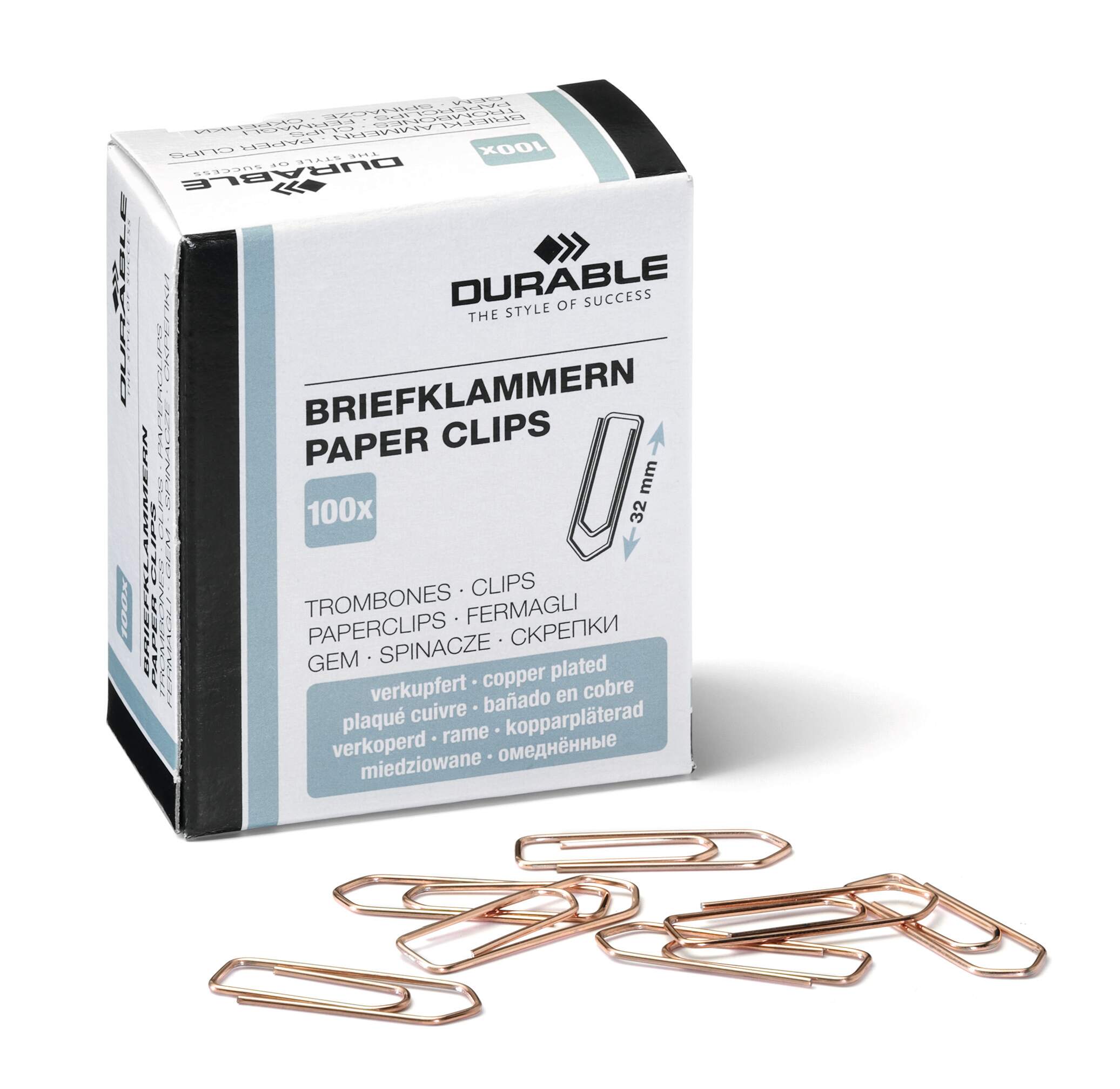 Balta Durable Paper Clips dėžutė su 100 vienetų ir 32 mm žymomis bei priekyje pabertomis vario spalvos sąvaržėlėmis