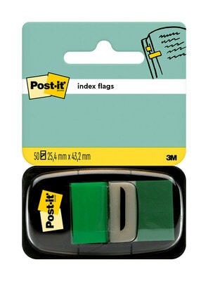 Post-it Index Flags pakuotė su žalių plastikinių žymeklių dozatoriumi, 50 vienetų ir 25,4 × 43,2 mm žymomis