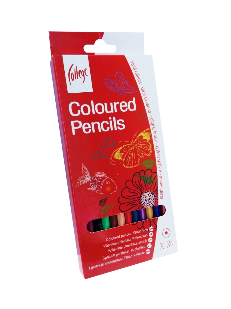 Raudona College Coloured Pencils dėžutė su drugelio, žuvies ir gėlės piešiniais, ovaliu langeliu ir X 24 žyma