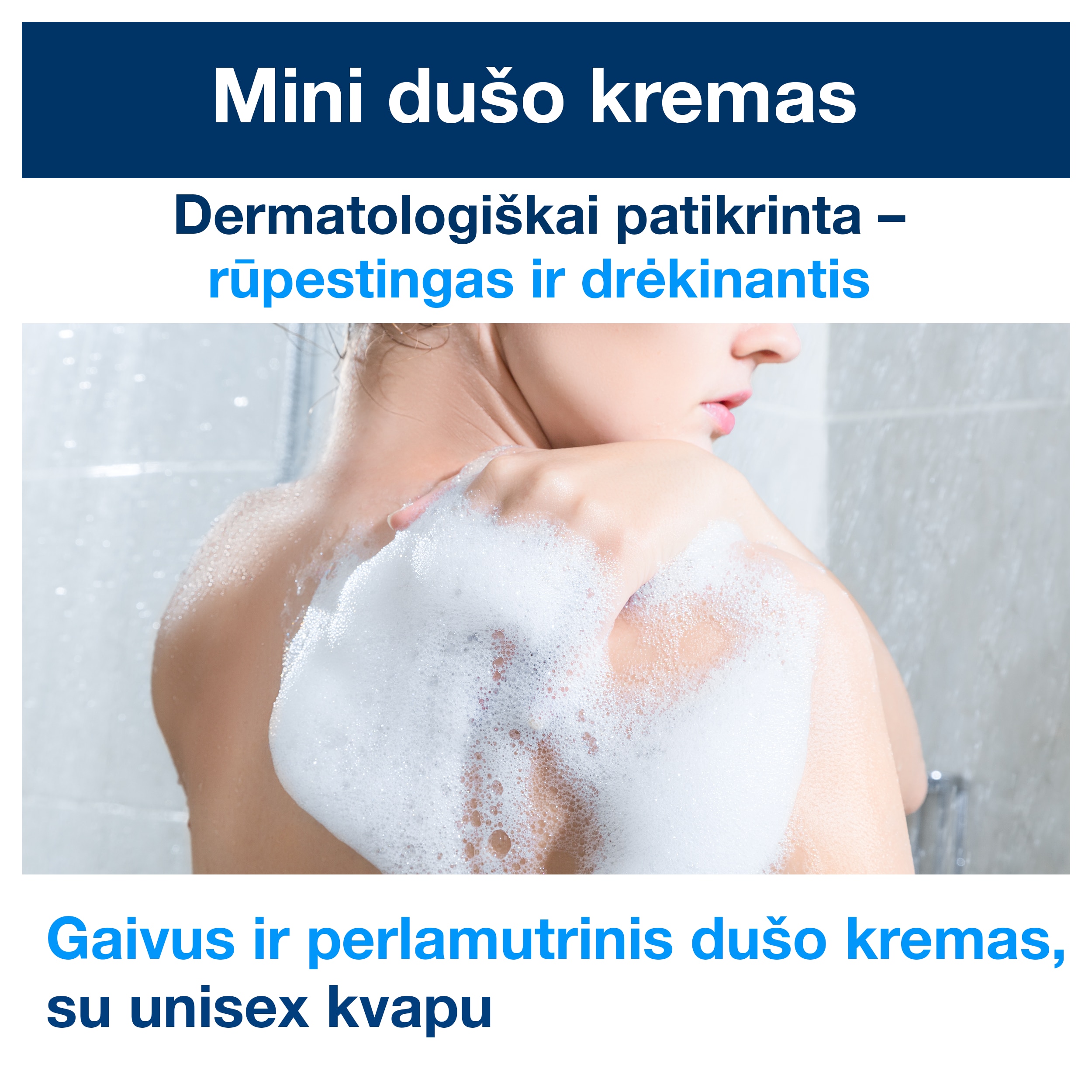 Tork Mini dušo kremo grafika su putomis prausiamu petimi ir tekstais apie drėkinimą bei unisex kvapą