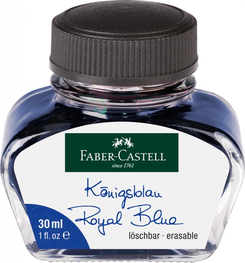 Platus stiklinis Faber-Castell Royal Blue rašalo buteliukas su tamsiai mėlynu rašalu, juodu dangteliu ir balta etikete