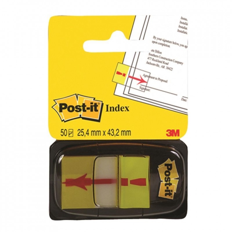 Post-it Index pakuotė su neoniniais geltonais žymekliais, raudonu šauktuku, 50 lapelių ir 25,4 × 43,2 mm žymomis