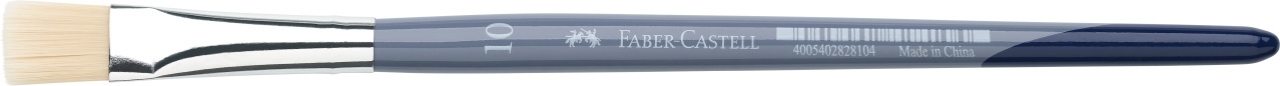 Horizontaliai padėtas plokščias Faber-Castell Nr. 10 teptukas su šviesiais šereliais, sidabrine apkaba ir mėlynu koteliu