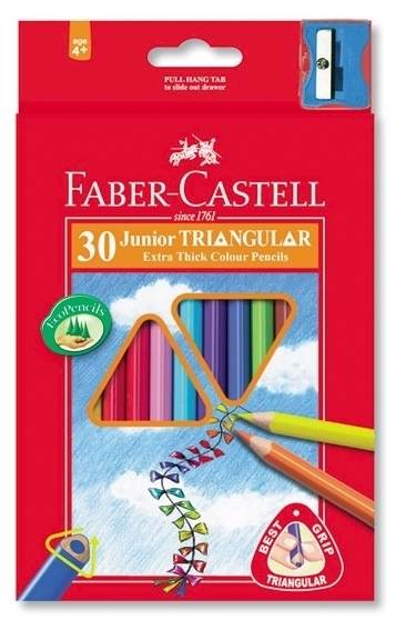 Raudona Faber-Castell Junior 30 storų trikampių spalvotų pieštukų pakuotė su langeliais, žuvies piešiniu ir drožtuku
