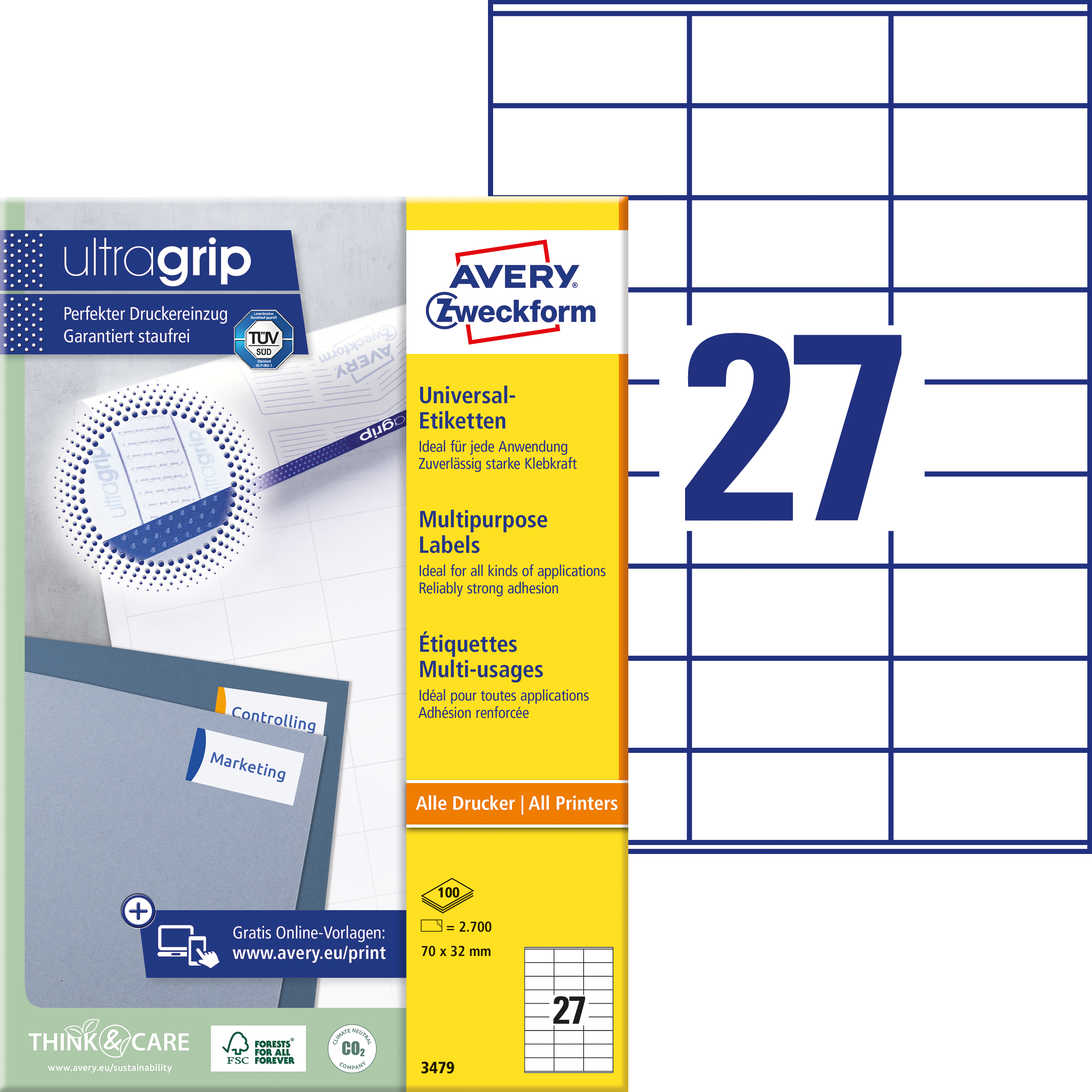 Avery Zweckform UltraGrip pakuotė šalia mėlyno 27 laukelių A4 etikečių tinklelio