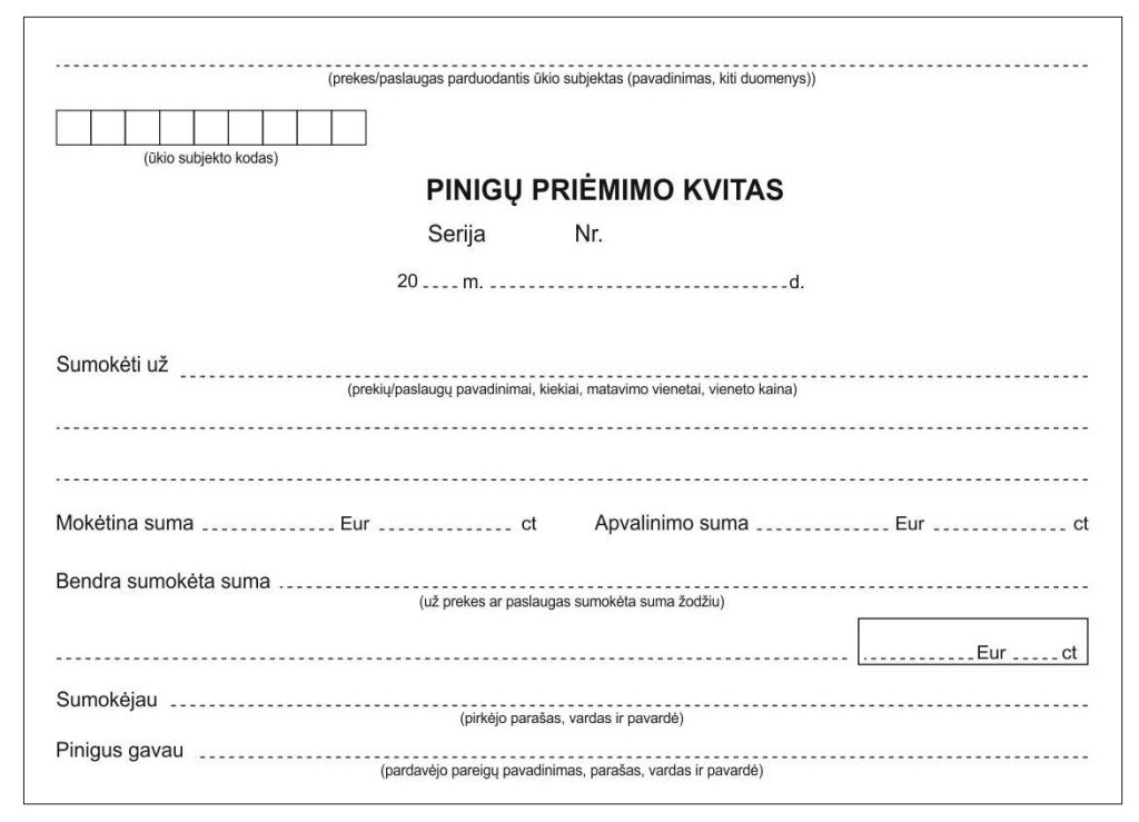 Baltas pinigų priėmimo kvito blankas su ūkio subjekto, serijos, numerio, datos, sumų ir parašų laukais