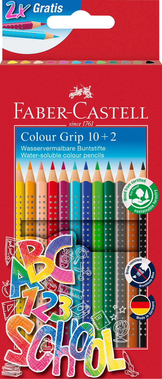 Spalvoti pieštukai „Faber-Castell Grip“ 10+2 spalvų