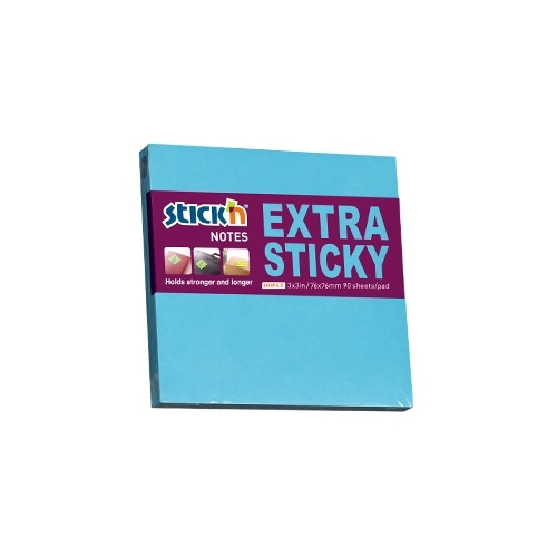Žydras Stick'n Extra Sticky blokelis su purpurine etikete, Holds stronger and longer, 76 x 76 mm ir 90 sheets/pad žymomis