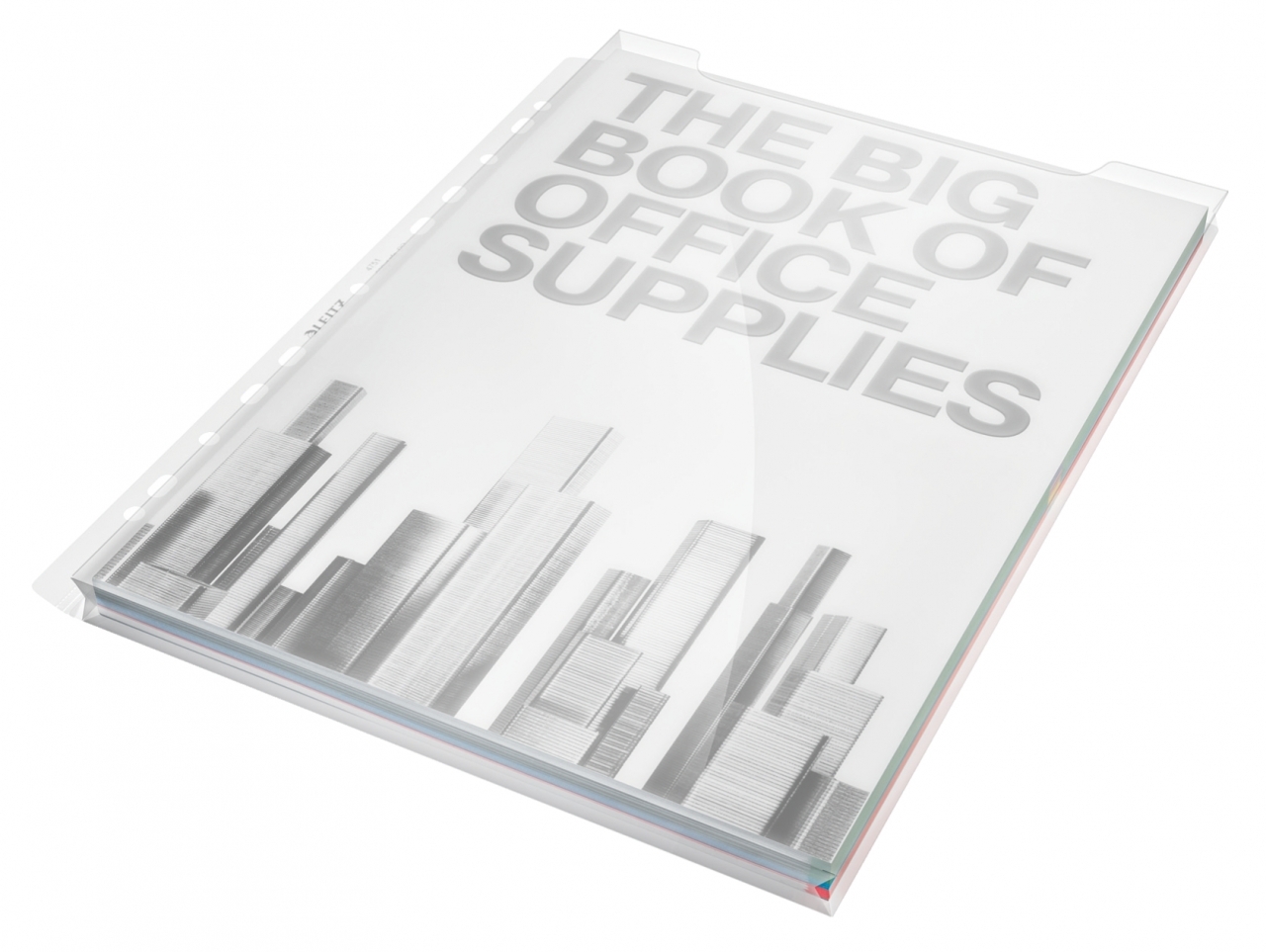 Kelios skaidrios Leitz dokumentų įmautės su lapu THE BIG BOOK OF OFFICE SUPPLIES, miesto siluetu ir perforuotu kraštu