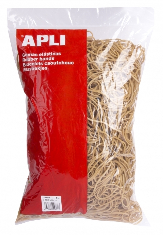 Skaidrus 1 kg Apli maišelis su smėlio spalvos 120 × 2 mm gumelėmis ir didele raudona etikete