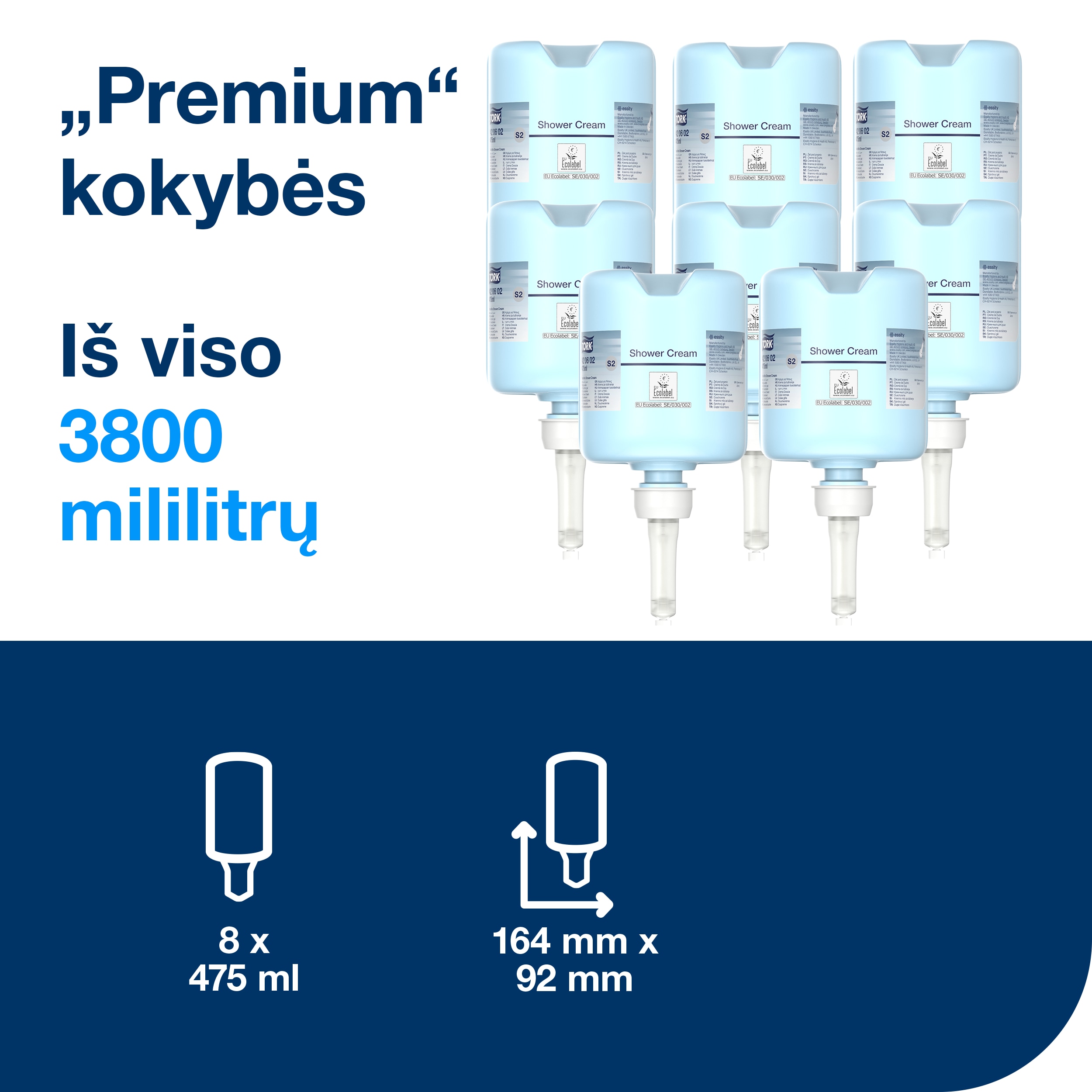 Aštuonios Tork dušo kremo kasetės ir informacinė kortelė su 3800 ml, 8 x 475 ml bei 164 x 92 mm žymomis