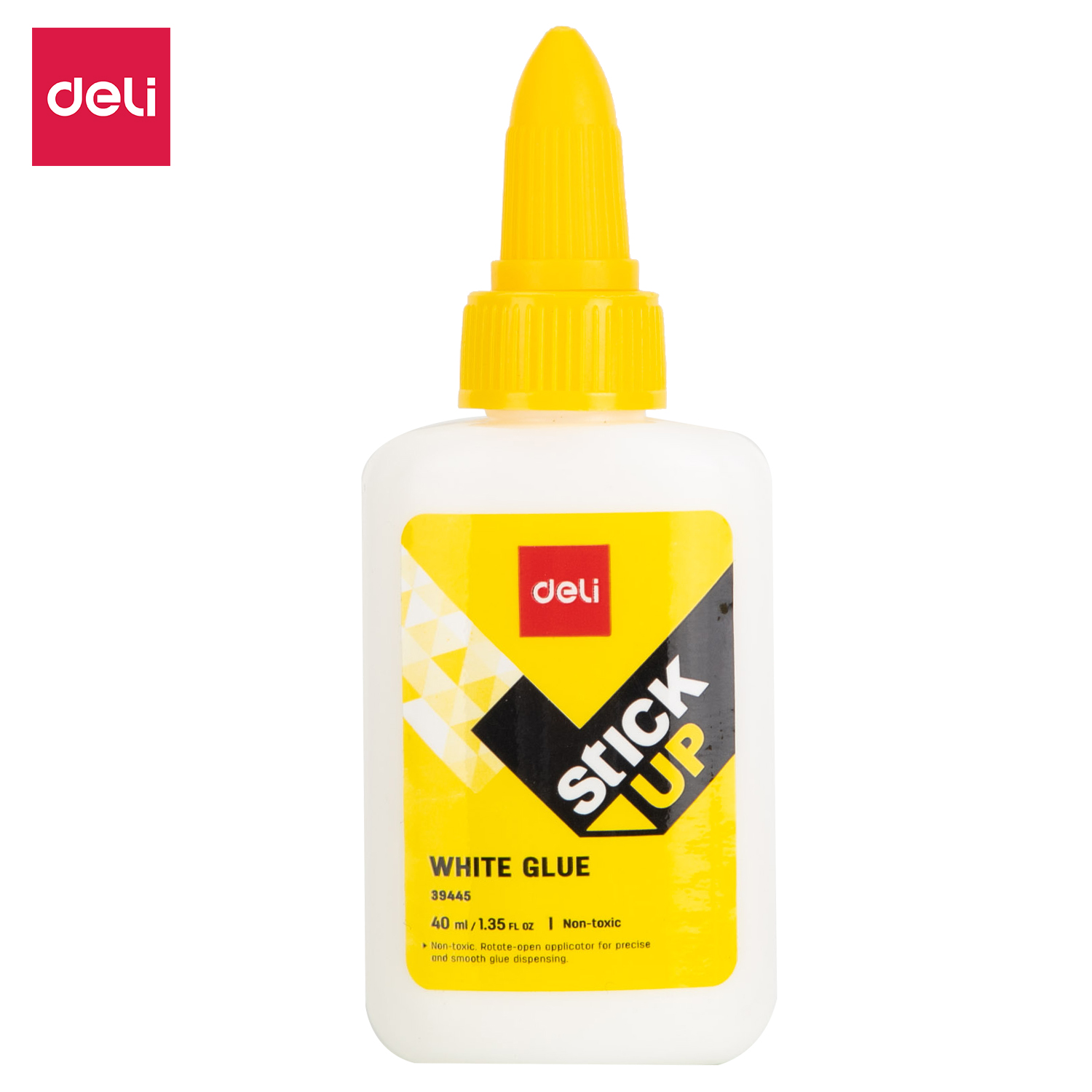 Baltas Deli Stick Up White Glue 40 ml buteliukas su geltona etikete, rantuotu užsukimu ir smailiu aplikatoriumi