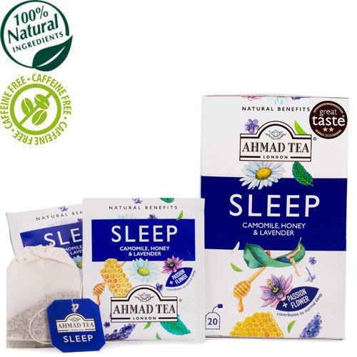 Sleep arbatos paketėliai, etiketėje Chamomile, Honey & Lavender, šalia ramunėlių, levandų, mėtų ir medaus iliustracijos