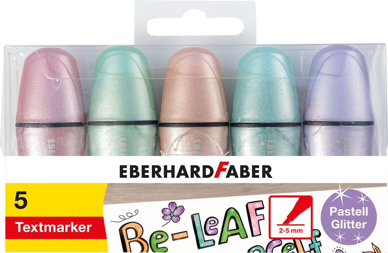 Skaidri pakuotė su penkiais rausvu, mėtiniu, persikiniu, žydru ir alyviniu Eberhard Faber Pastell Glitter mini žymekliais