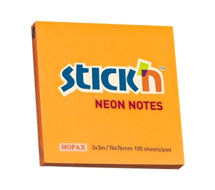 Kvadratinė neoninių oranžinių Stick'N Notes lipnių lapelių pakuotė su HOPAX, 76 × 76 mm ir 100 lapelių žymomis