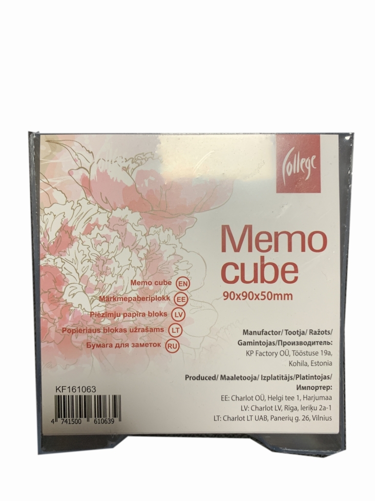 Kvadratinis College Memo cube baltų užrašų lapelių blokas skaidriame dėkle su rausvų bijūnų etikete ir 90 × 90 × 50 mm žyma