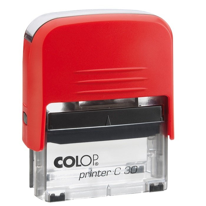 Raudonas ir skaidrus COLOP Printer C30 automatinio stačiakampio antspaudo korpusas su juodu mechanizmu