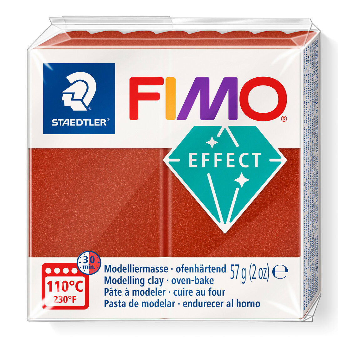 Stačiakampė FIMO Effect metalinio vario spalvos modelino pakuotė su Staedtler ženklu, 110 °C ir 57 g žymomis