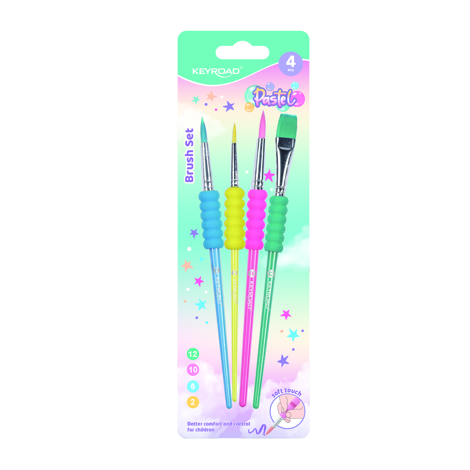 Keyroad Brush Set pakuotė su keturiais spalvotais teptukais, minkštomis rankenėlėmis ir skirtingais šereliais