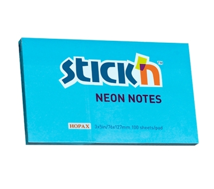 Neoninės mėlynos spalvos Stick'n Neon Notes blokelis su Hopax, 76 × 127 mm ir 100 sheets per pad žymomis