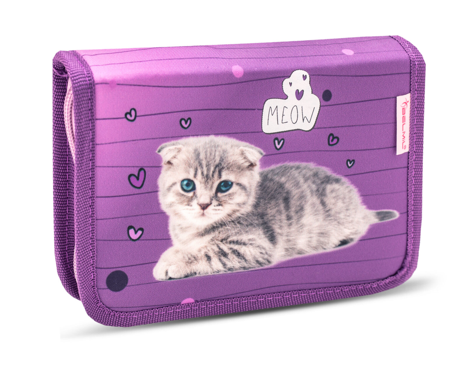 Violetinis stačiakampis Belmil penalas su gulinčiu pilku mėlynakiu kačiuku, širdelėmis ir MEOW žyma